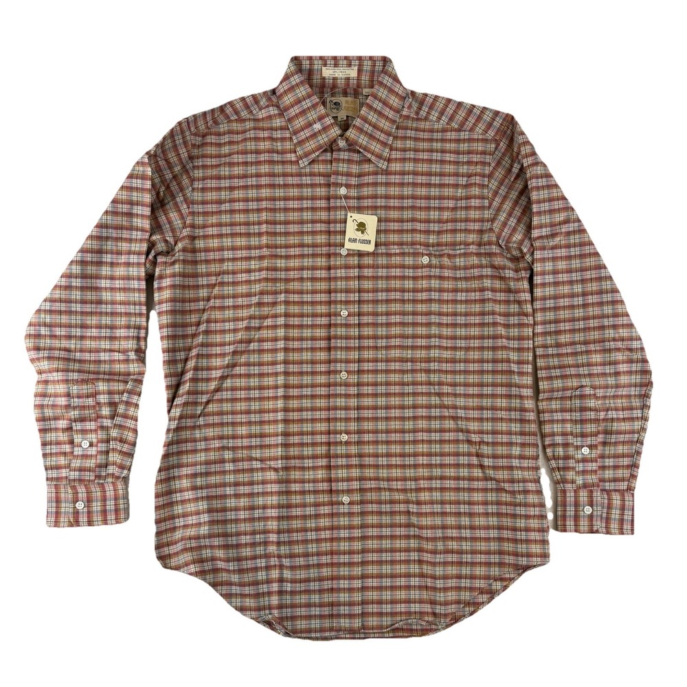 Vtg. Alan Flusser Shirt Mens Medium Glen Plaid Lambs Wool Blend Button Retro NOS